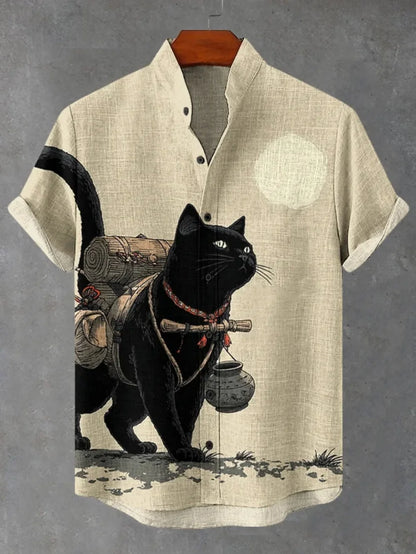 Men's Japanese Retro Art Black Cat Print Shirt Short Sleeve Stand Up Collar Single Breasted Casual Linen Top for Vacation
