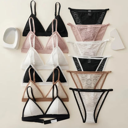 Women Triangle Bra and Panties Set Sheer Floral Lace Bralette Low-Rise Briefs Sexy Lingerie Set Removable Pads Ladies Underwear