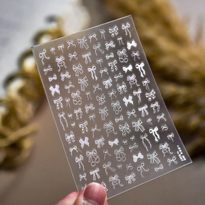 Shell Light Nail Stickers Small Fresh White Bow Ribbon Nail Charms Stickers Self Adhesive Nails 3D Decorations Parts DIY Decals
