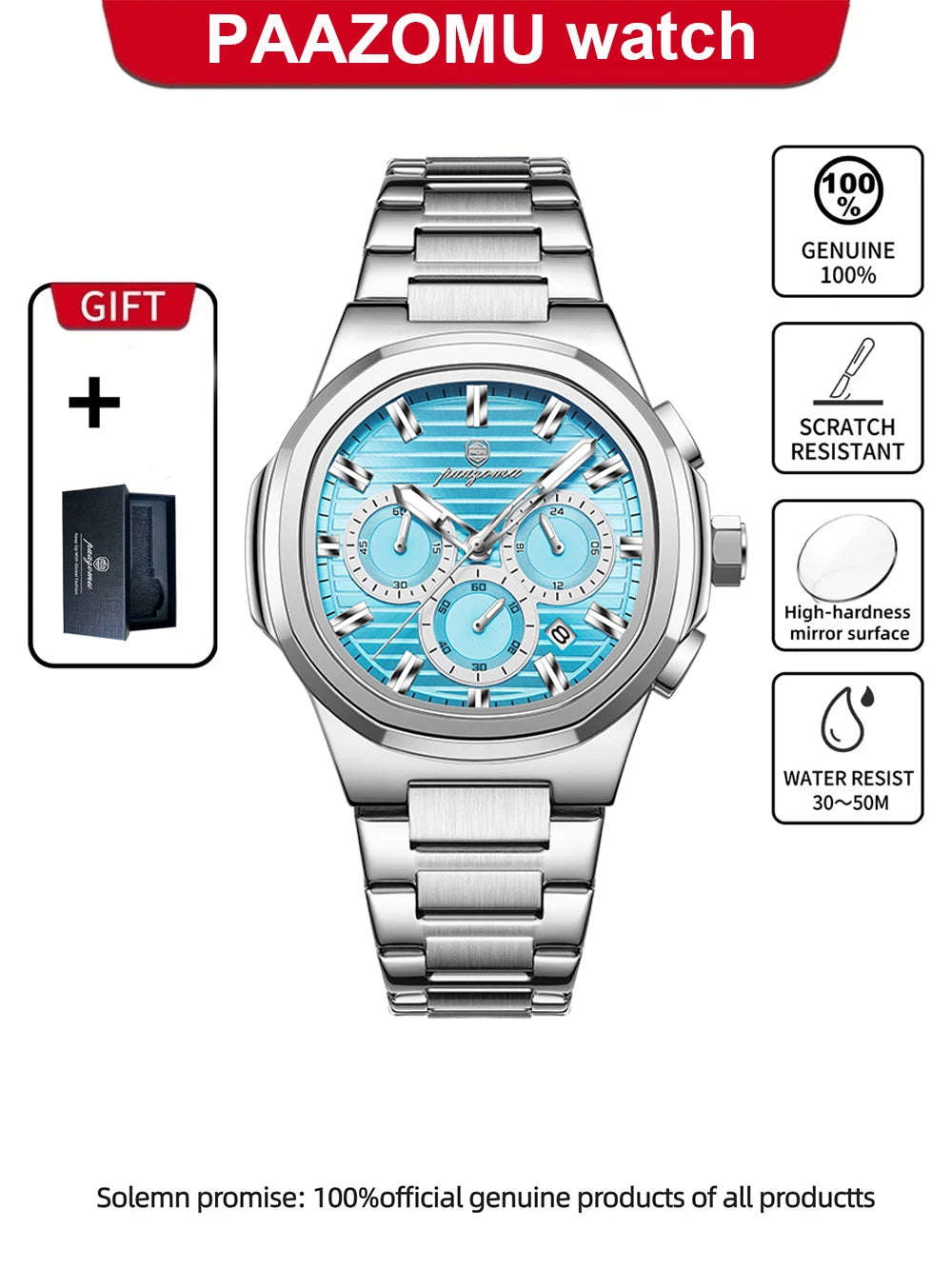 PAAZOMU Fashion Brand Man Wristwatch Waterproof Stainless Steel Luminous Men Watch Chronograph Date Luxury Quartz Men's Watches