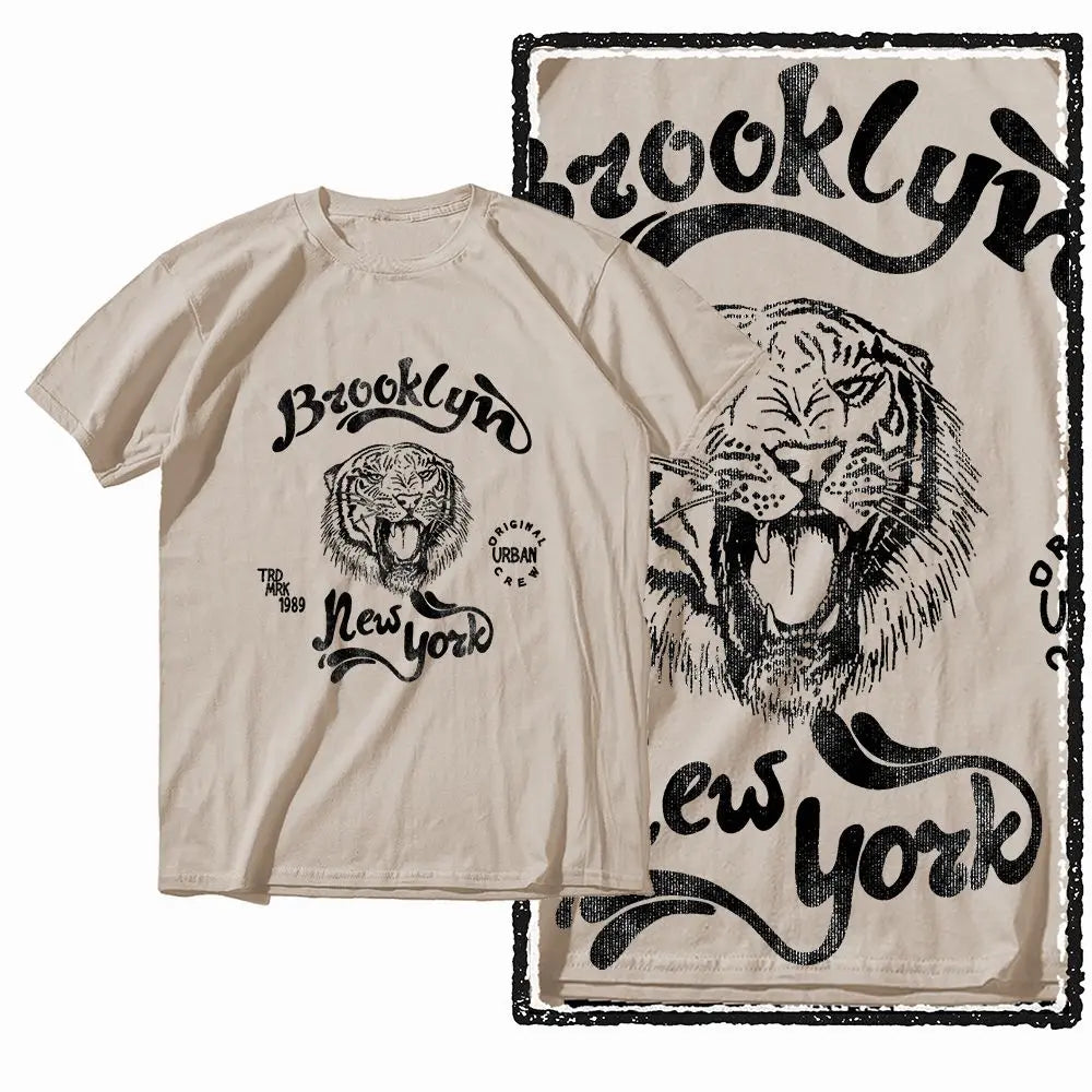 G41 Beige Vintage 100% Cotton Tiger Printed Men's T-shirt |  Streetwear Big Size Cool O-neck men's Tee Tshirt