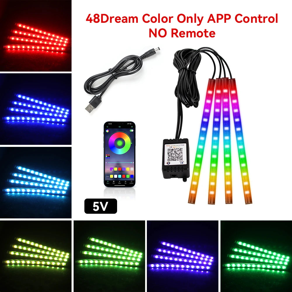 Neon Car Interior Ambient Foot Light with USB Wireless Remote Music App Control RGB 48 LED Atmosphere Decorative Lamp