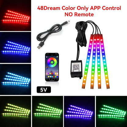Neon Car Interior Ambient Foot Light with USB Wireless Remote Music App Control RGB 48 LED Atmosphere Decorative Lamp