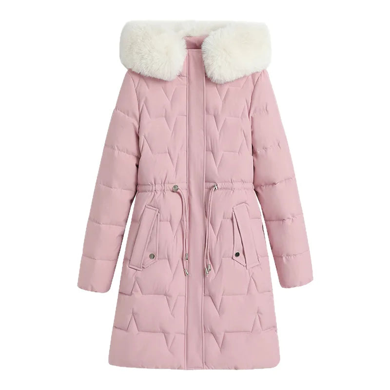Hooded Women Parkas Coats Mid LenthJackets  Oversize Solid Fur Collar Zipper Drawstring Waist Loose Casual 2025 Autumn Winter