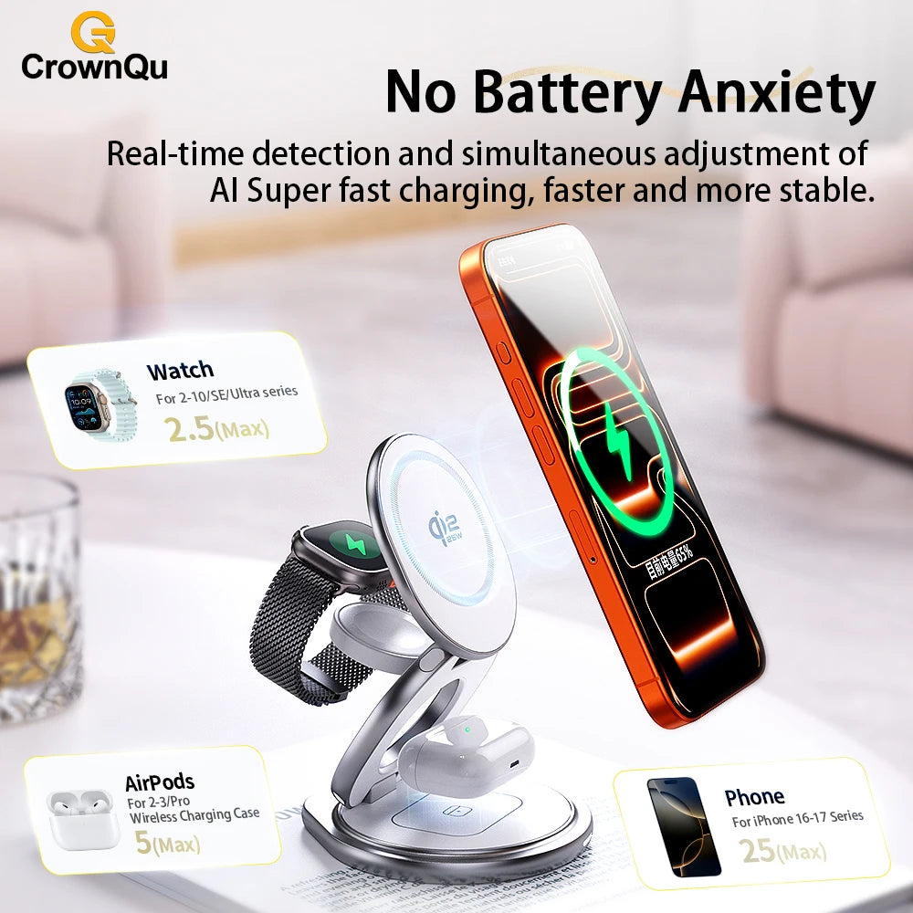 Protable 25W Metal Wireless Charger Qi2.2 Fast Charging Station Stand 360° Rotation for iPhone 17 16 15 14 Pro Max Watch Airpods