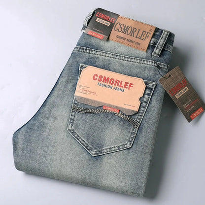 High-end Light Luxury Brand Jeans Men's Retro Slim Fit Straight Versatile Casual Gray Trousers Autumn and Winter Thick Jeans