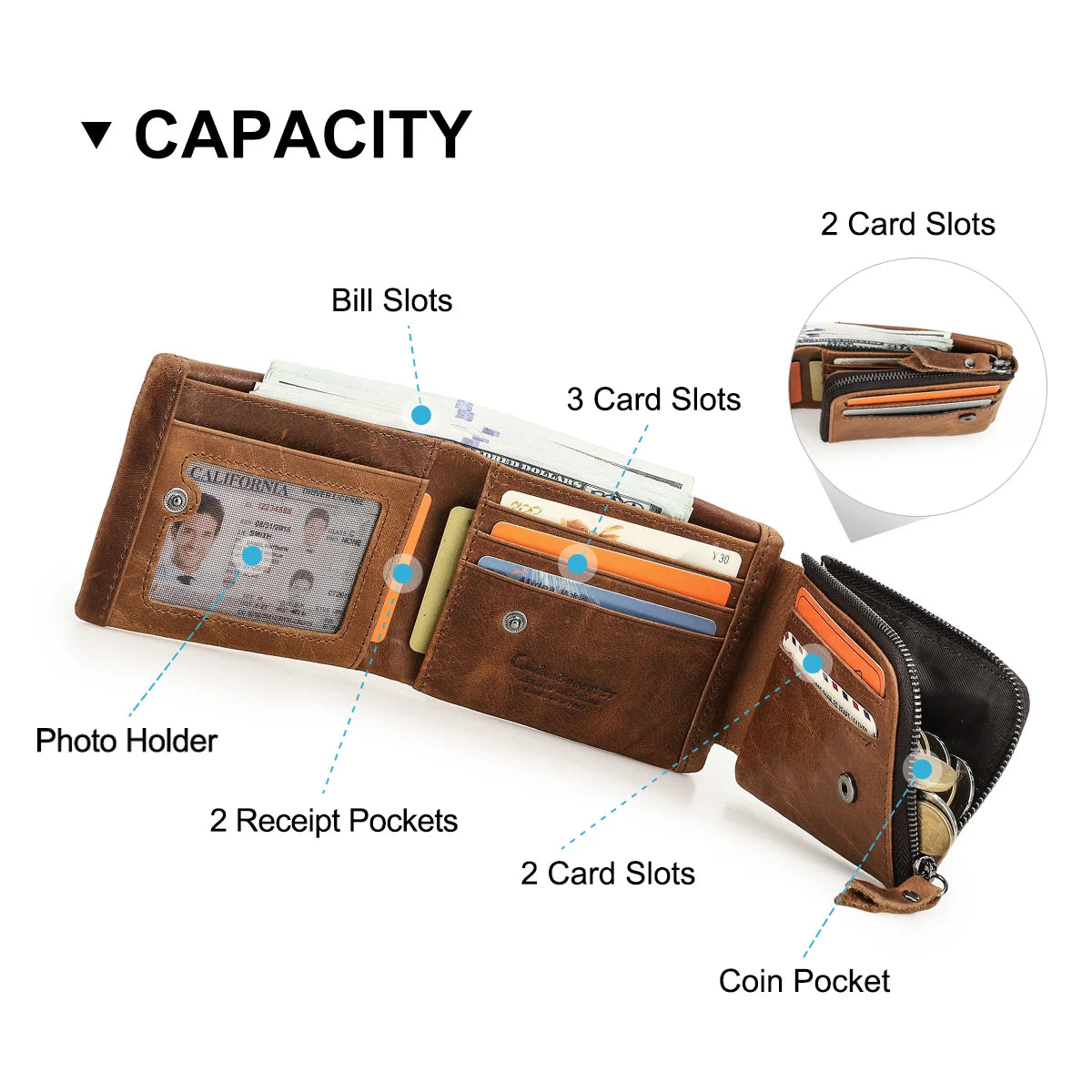 CONTACT'S Genuine Leather Short Wallets for Men Trifold Card Holder Money Clip Coin Purse Male Pocket Wallets Men's Purse Bags