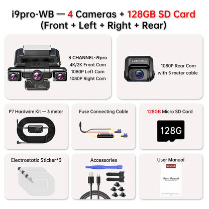 XUOIB I9pro-WB 4CH 360° Dash Cam 4'' Touch Screen 4K/2K Front for Car DVR Camera 24H Parking Mode GPS WiFi Recorder Night Vision