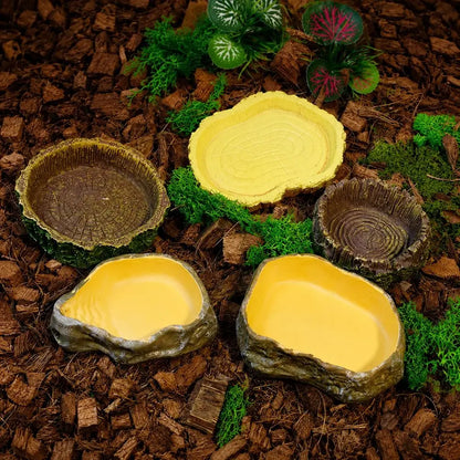 Multi-functional Reptile Feeding Bowl Multicolor Tree Stump Shape Crawler Water Basin Faux Stone Leak Proof