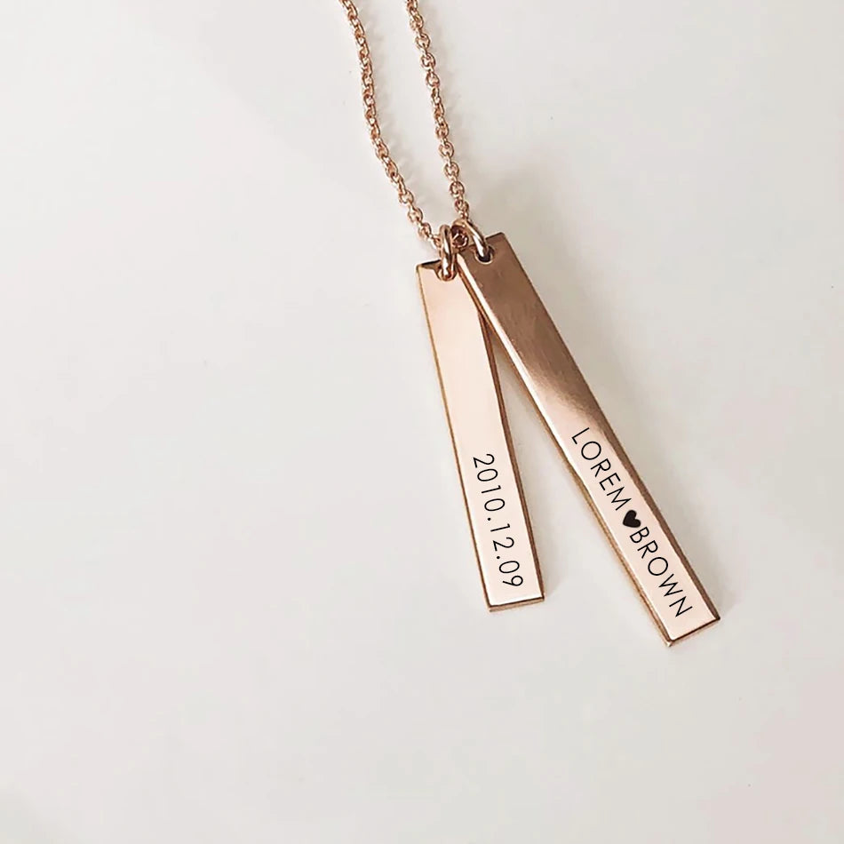 EManco Stainless Steel Long Engraved Necklace Double Pendant Name Personalized Engraved Necklace Birthday Gift