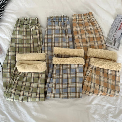 JMPRS Fashion Warm Plush Pants Thick Plaid Women Casual Loose Wide Leg Trousers Korean Streetwear Straight Student Pants New