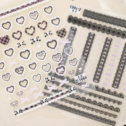 Japanese Bowknot Lace Heart Nail Stickers Self Adhesive Sweet Cool Pink Black Lace Nail Decals Cool Girls Manicure Decorations
