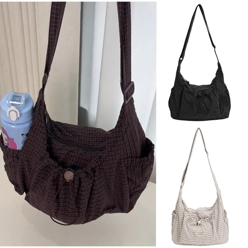 Korean Nylon Shoulder Bag Fashion Simple Plaid Zipper Tote Bag Drawstring Pleated Cloud Bag New Commuter Crossbody Shoulder Bag