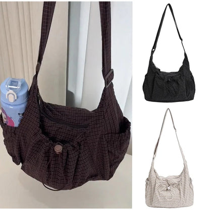 Korean Nylon Shoulder Bag Fashion Simple Plaid Zipper Tote Bag Drawstring Pleated Cloud Bag New Commuter Crossbody Shoulder Bag
