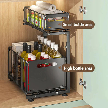 2 Tier Pull Out Cabinet Organizer Adjustable Under Sink Storage Rack Slide Out Drawer Kitchen Spice Jar Storage Shelf