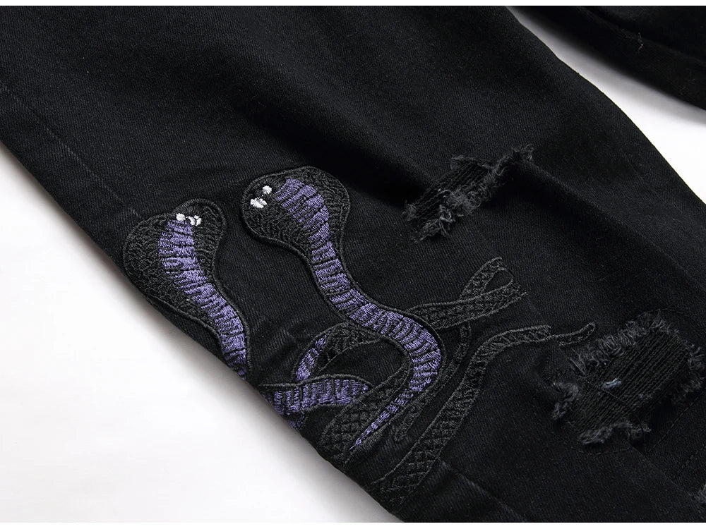 Men Snake Embroidery Jeans Streetwear Black Stretch Denim Pants Holes Ripped Distressed Slim Straight Trousers