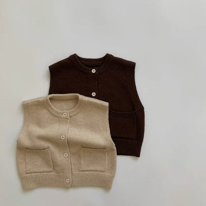 Children's Coat Autumn Children's Minimalist Pocket Sweater Kids Boys Girls Solid Color Cardigan Round Neck Vest Knitted Sweater