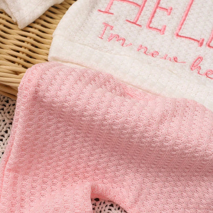 "Hello" Embroidery Newborn Photography Props Infant Romper Jumpsuit with Bow Hat Baby Coming Home Outfit Baby Photo Gift-HD
