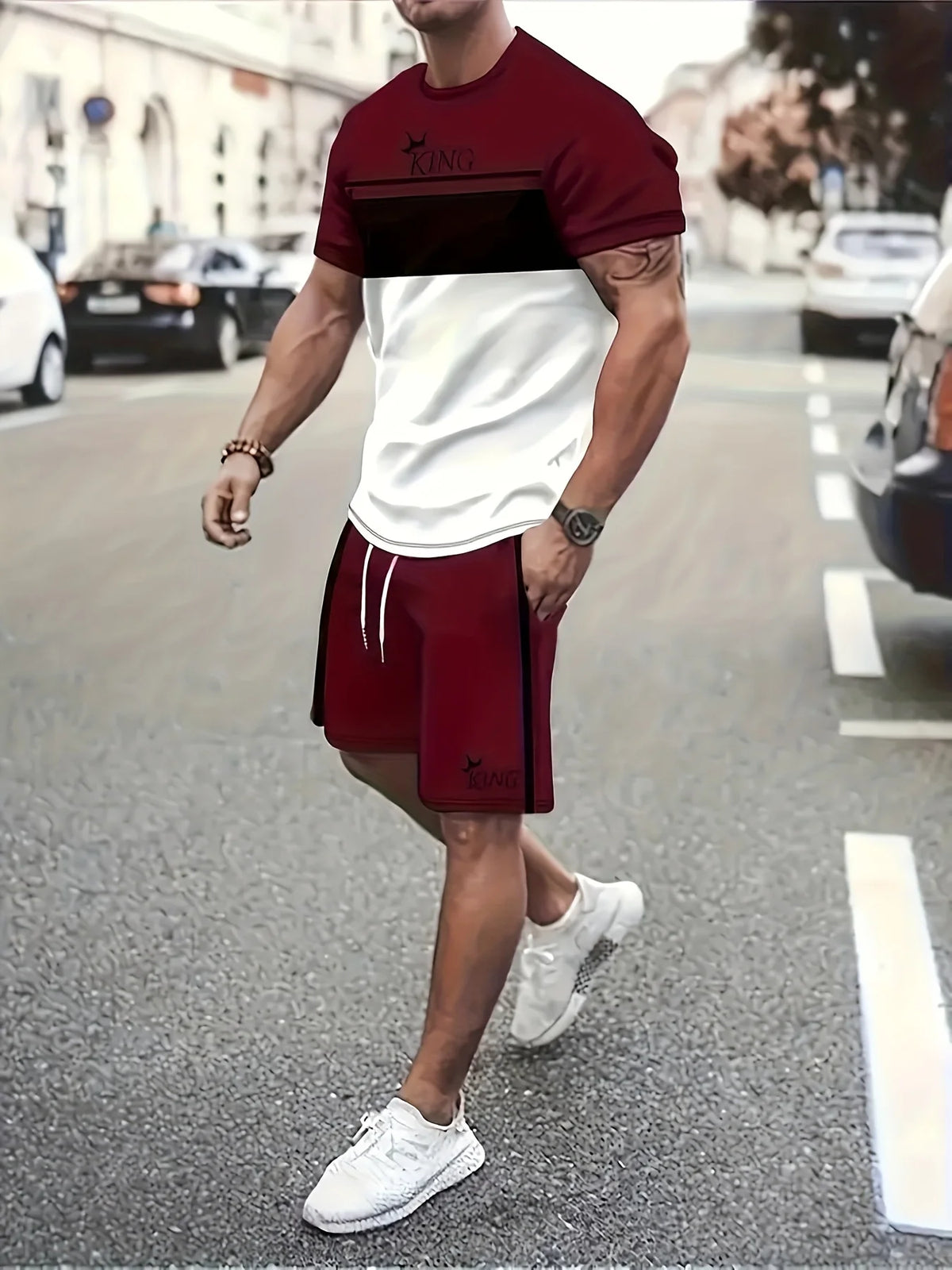 2026 Summer New Arrival Men's Casual Two-Piece Set Striped Print Short-Sleeve Shirt and Athletic Shorts Set Men's Fitness Set