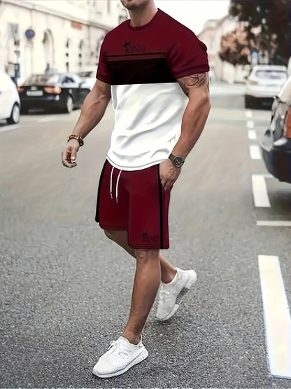 2026 Summer New Arrival Men's Casual Two-Piece Set Striped Print Short-Sleeve Shirt and Athletic Shorts Set Men's Fitness Set