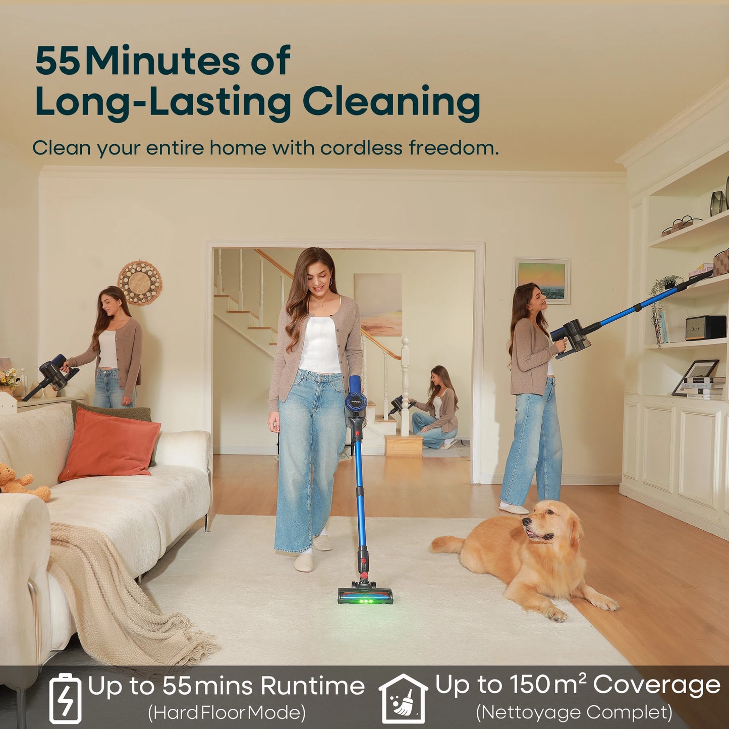 Erabros EV2 450W 55kpa Cordless Vacuum Cleaner High Suction Power Handheld Smart Home Cleaner Capacity LED Display Floor Carpet