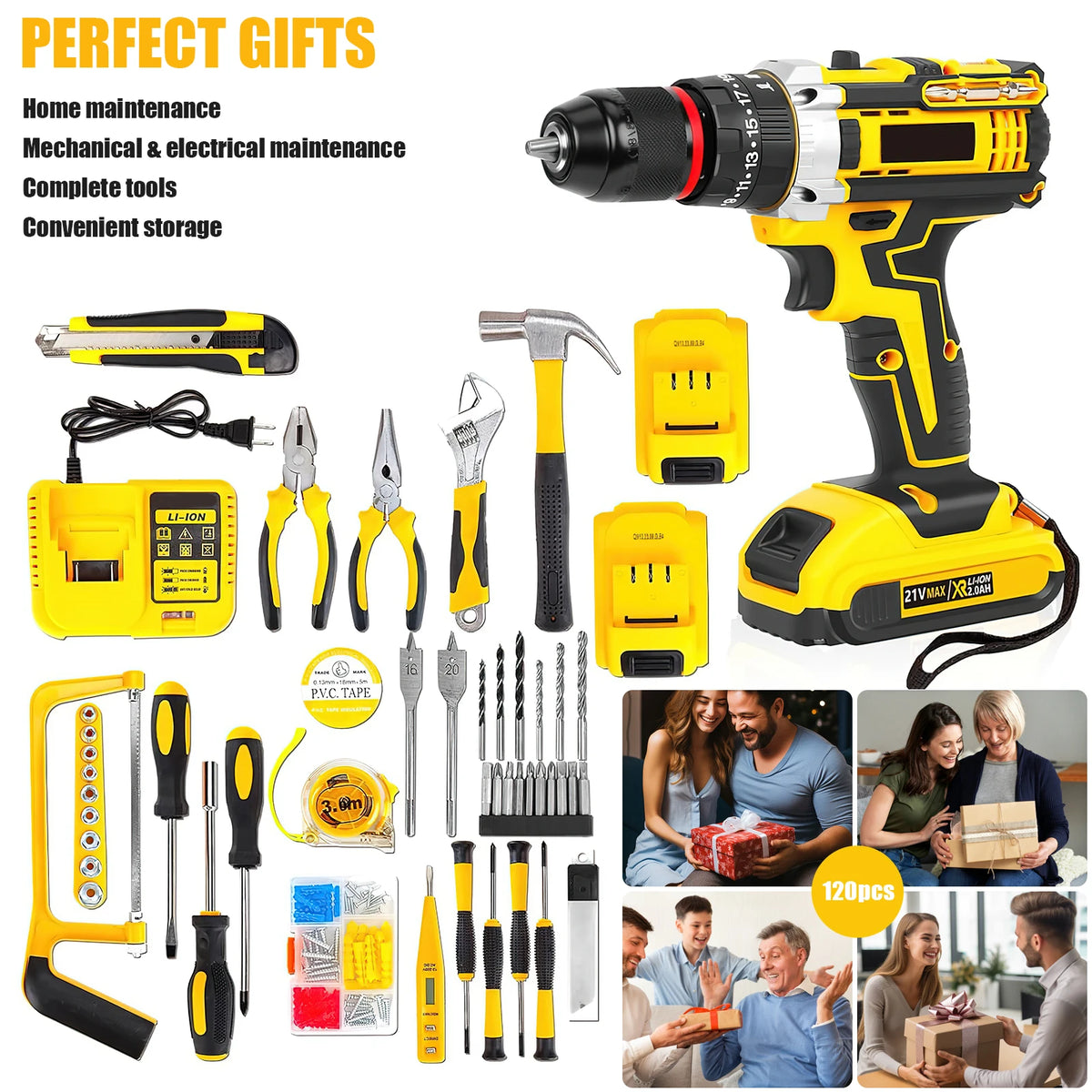 21V Portable Cordless Power Drill Set Impact Screw Driver with 120 Piece Toolbox with 2 Rechargeable Battery LED Light for Home