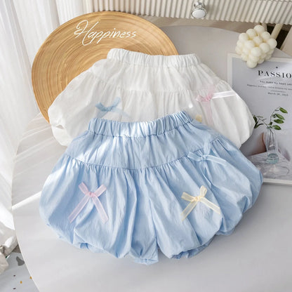 Little girl summer shorts Korean version small fresh solid color bow flower bud pants for women's treasure sweet versatile pants