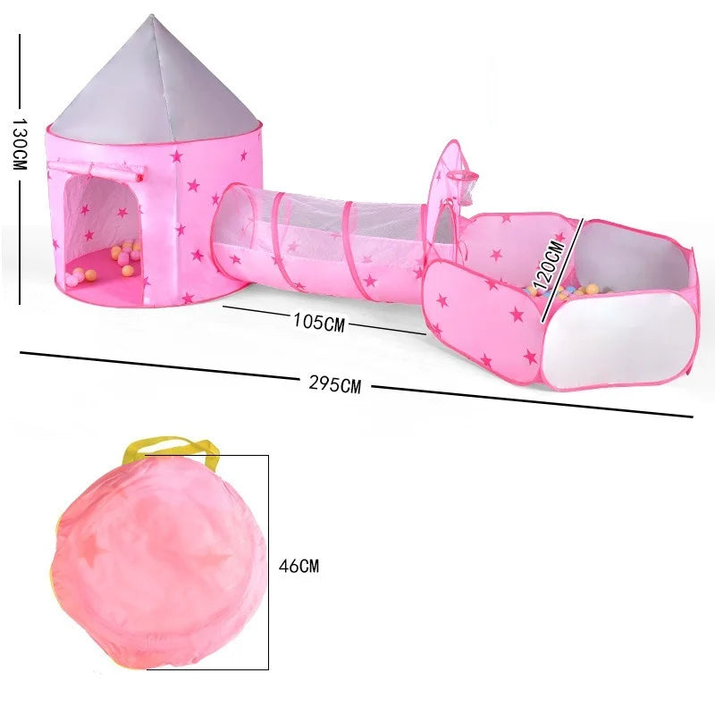 Pink Kids Tent with Tunnel & Ball Pit, Princess Play Tent for Girls, Indoor Outdoor Baby Ball Pit Playhouse with Basketball Hoop