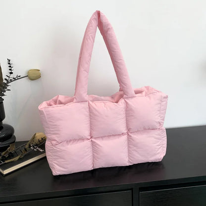 Women Tote Handbags Quilted Plaid Bag Retro Trendy Checkered Waterproof Shoulder Bag Solid Color Winter Soft Large Capacity Bags