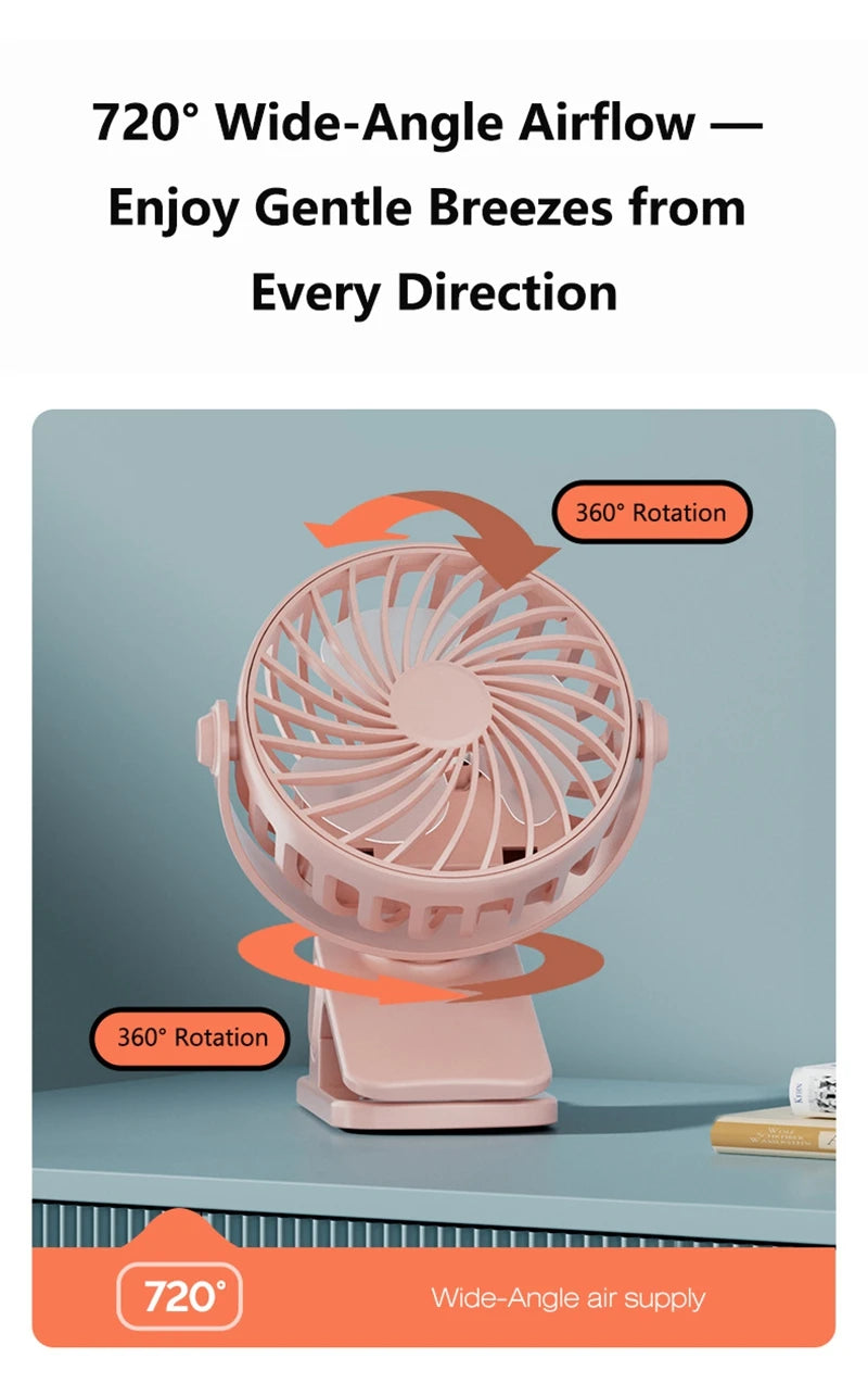 Mini Clip Fan 720°Rotation Built-in Night Lamp USB Rechargeable Powerful Airflow Portable Cooling Fan For Travel Camping Outdoor