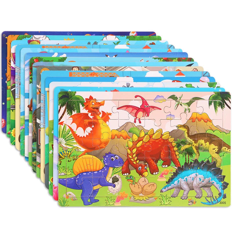 NEW Wooden 30pcs Puzzles Animal Dinosaur Cartoon Plane Puzzle Intellectual Building Block Toys for Gift