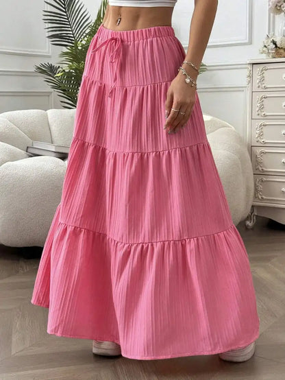 European and American Cross-Border New Style Wish Spring and Summer Women's Skirts, Tie-Strap Spliced Flared Skirts, Loose Long