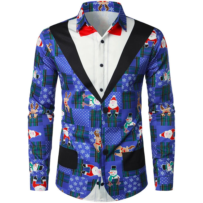 2026 Merry Christmas Lapel Blouse Funny Santa Claus Cosplay Graphic Long Sleeve Shirts For Men Clothes Bachelor Party Fake Suit