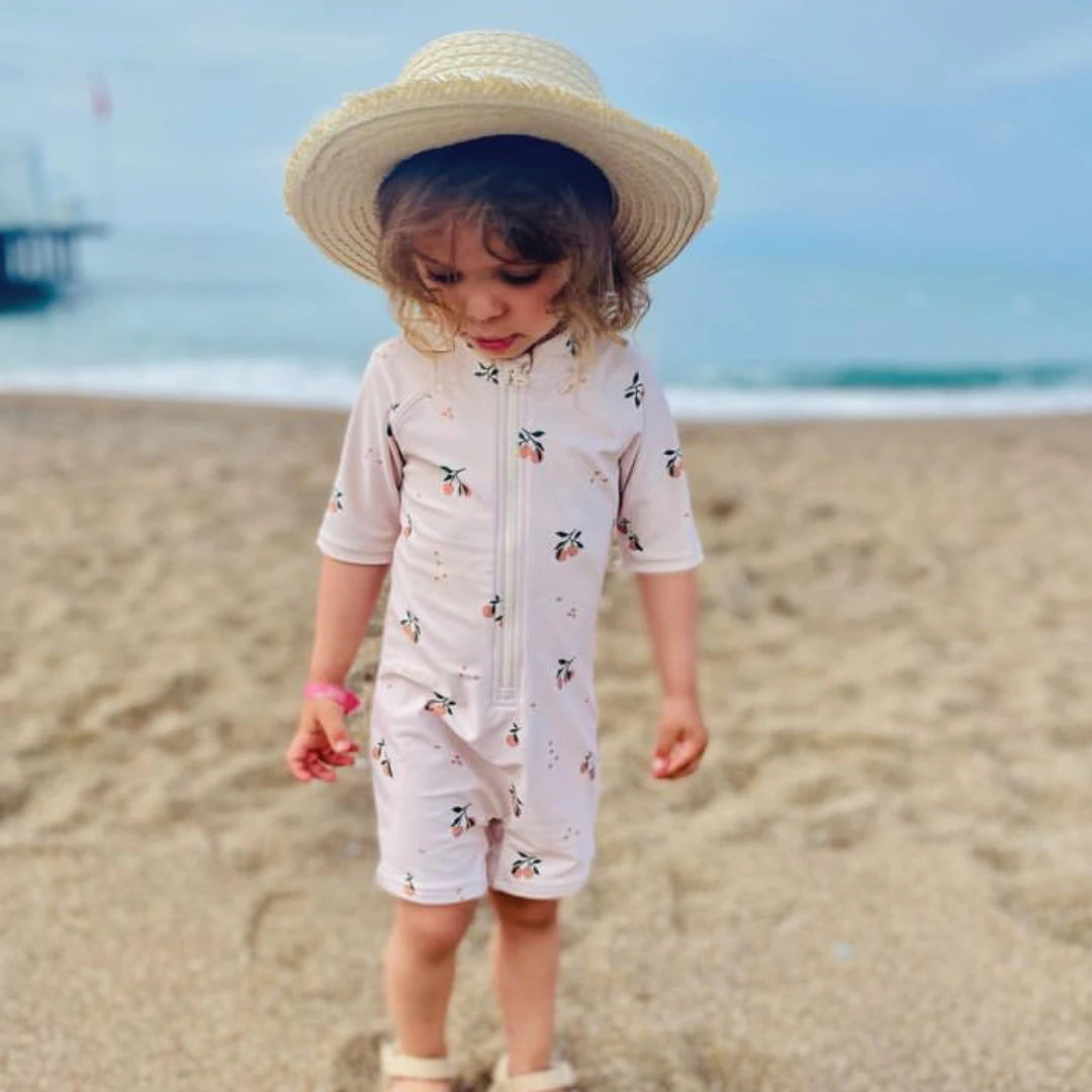 Baby Toddler One-piece Swimsuit With Hat Cartoon Print Kids Short Sleeve Zipper Swimwear Sun Protection For 0-7Y Boys Girls