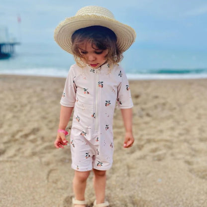 Baby Toddler One-piece Swimsuit With Hat Cartoon Print Kids Short Sleeve Zipper Swimwear Sun Protection For 0-7Y Boys Girls