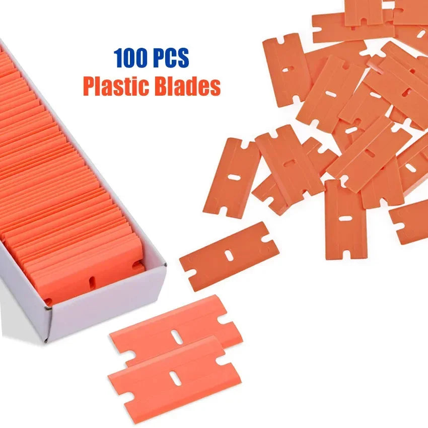100 Pieces Two Cutting Plastic Razor Blade 1pcs Label Clean Razor Glue Remover Window Glass Clean Scraper Car Wrap Sticker Squee