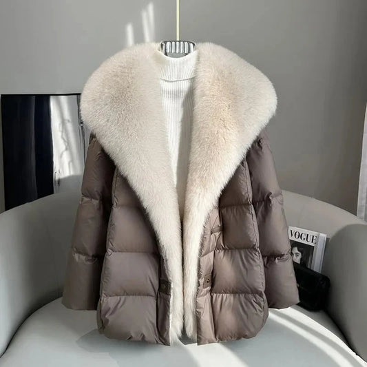 High end Faux Fox fur detachable Large Lapel fur Down Jacket For women 2025 Winter New Medium long Loose White goose Down Coats