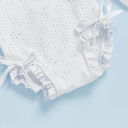 Infant Baby Girl Eyelet Swimsuit with Swimming Hat Toddler 2 Pcs Set Long Sleeve Round Neck Ruffled Romper Kids Bathing Suit