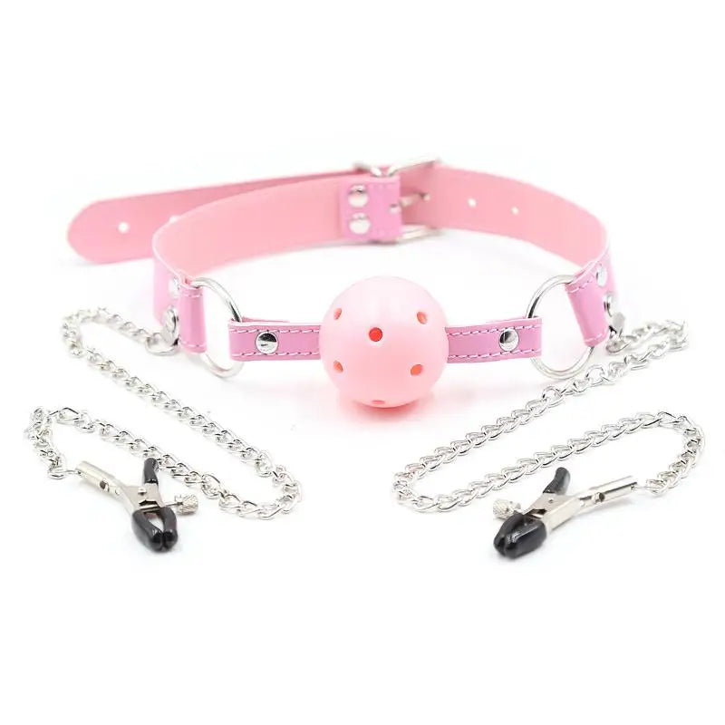 Erotic Toy PU Leather Mouth Gag Ball Oral Sex With Chain Clip Breast Nipple Clamps Bondage Harness Sex Toys Adult Games