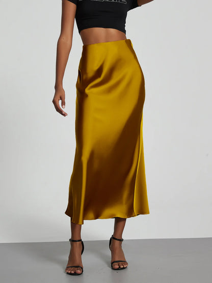 21 Colors New 2026 Women's Elegant High Waist Satin Long Skirts Female Summer Solid Color Faldas