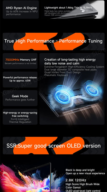Lenovo Laptop Xiaoxin Pro14 2024 14' 2.8K 120Hz OLED Screen AMD Ryzen 7-8845H 16G/32G LPDDR5 1TB/2TB PCIE4.0 SSD Notebook PC
