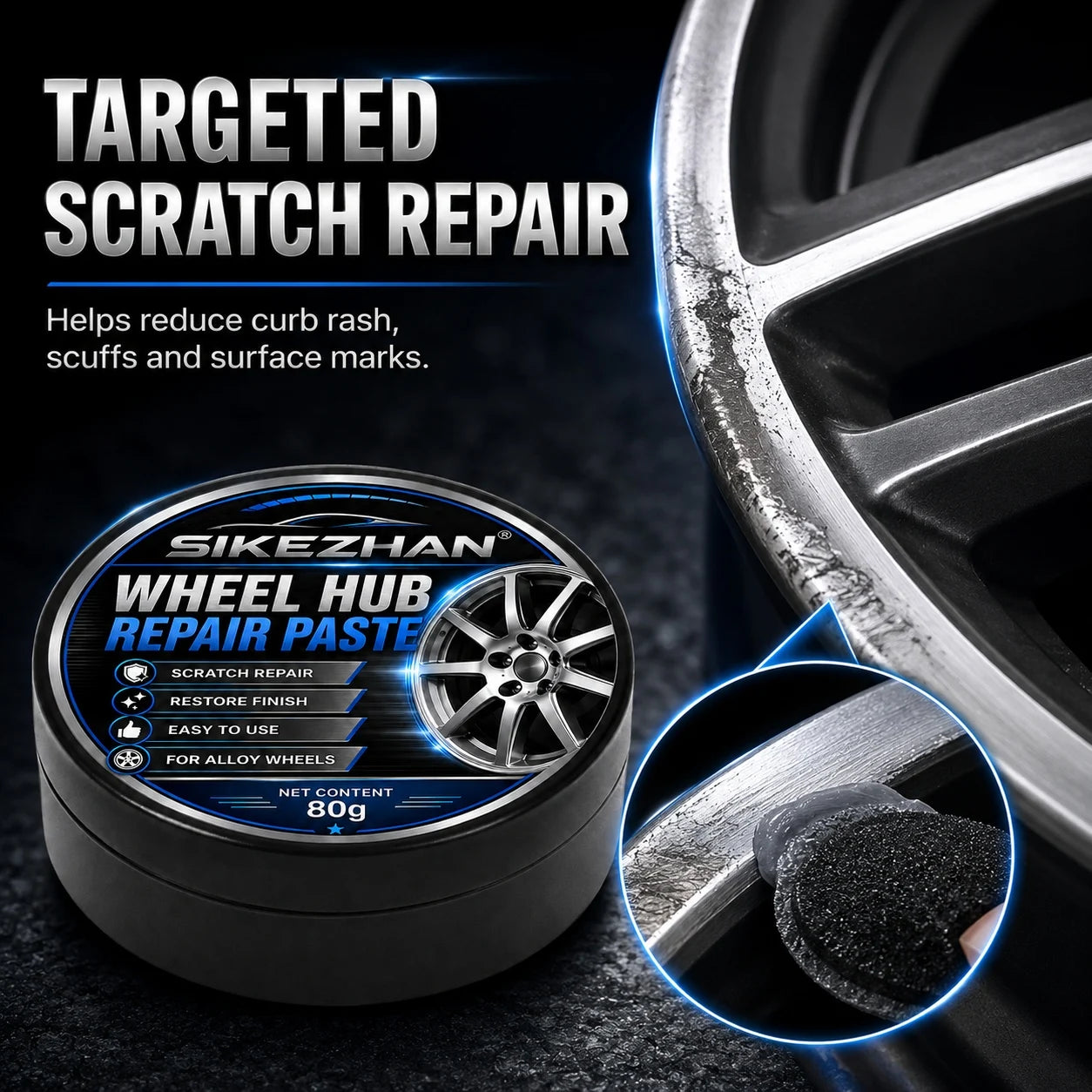 SIKEZHAN 80g Car Wheel Hub Repair Paste,Scratch & Oxidation Remover, Color Restorer and Polish Wax for Alloy Chrome Rims & Tires