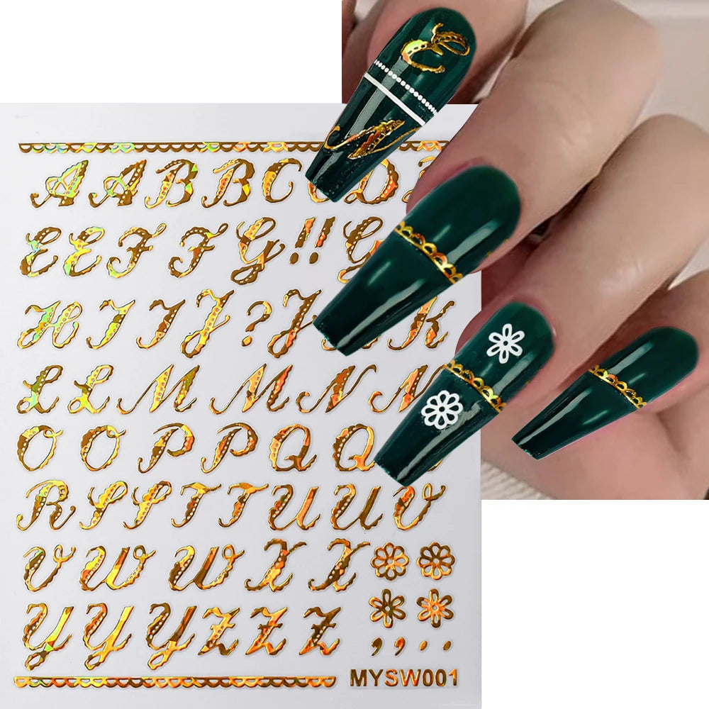 1Pc 3D Roman Letter Nail Stickers Gold/Silver/Black/Laser Alphabet Self Adhesive Decal Y2K English Words/Number Manicure Sliders