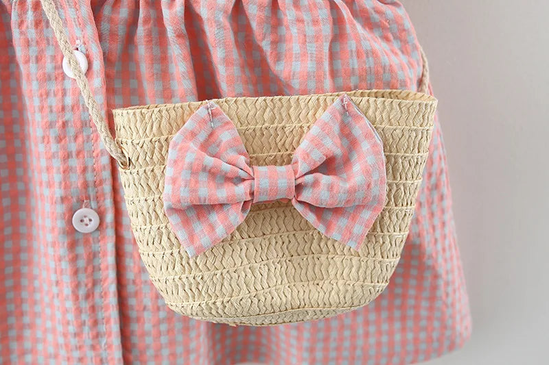 Baby Girl Plaid Dress Summer New Sweet And Beautiful Children'S Clothing+Bow Bag (9 Months -3 Years Old)