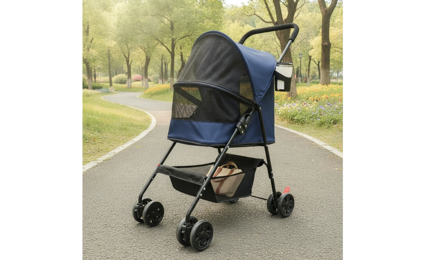 Pet Stroller with Cup Holder Collapsible Pet Stroller with Storage Basket Compact Portable for Small Dogs, Outdoor Walks, Travel