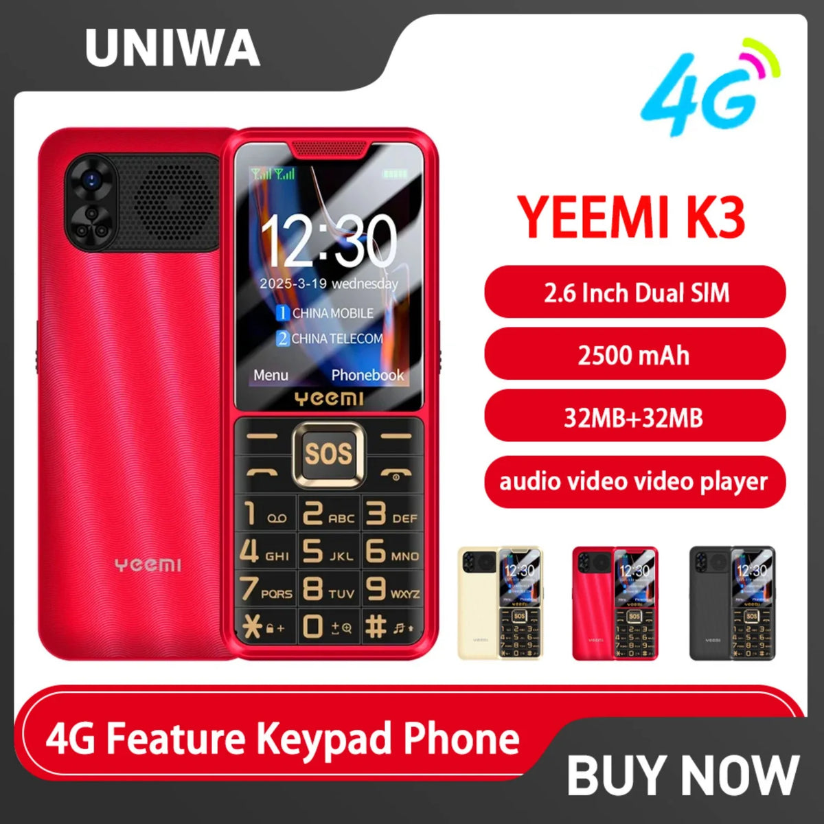 YEEMI K3 4G Feature Keypad Phone 2.6 Inch Dual SlM Big Button Loud Volume for Elderly 2500mAh FM Radio Hebrew Keyboard SOS Video