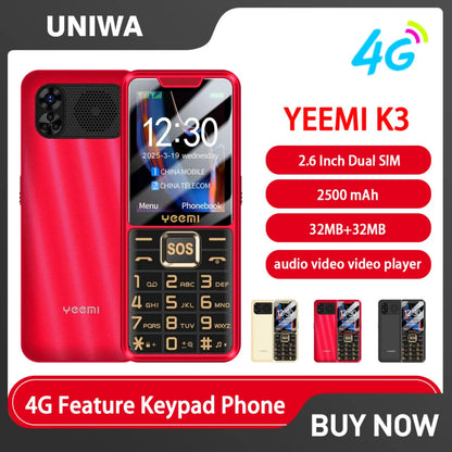 YEEMI K3 4G Feature Keypad Phone 2.6 Inch Dual SlM Big Button Loud Volume for Elderly 2500mAh FM Radio Hebrew Keyboard SOS Video