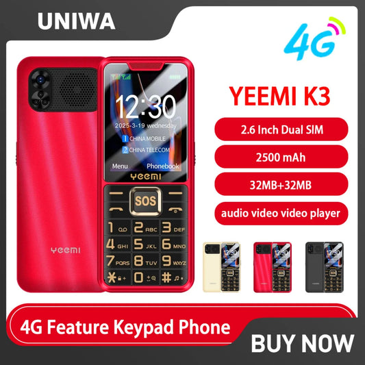 YEEMI K3 4G Feature Keypad Phone 2.6 Inch Dual SlM Big Button Loud Volume for Elderly 2500mAh FM Radio Hebrew Keyboard SOS Video