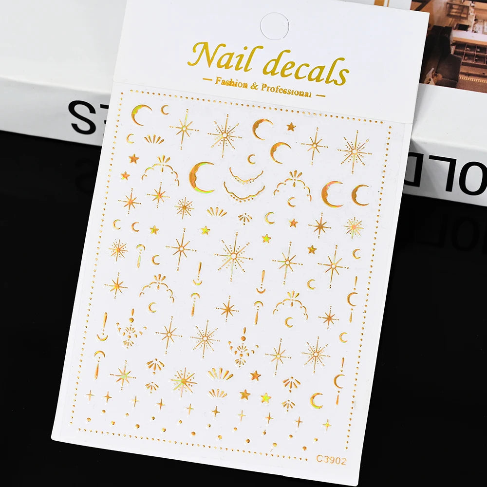 1pcs 3D Bronzing Gold Love Heart Nail Art Stickers Y2K Holographic Stars Sun Starlight DIY Nail Decals Heart Manicure Decoration