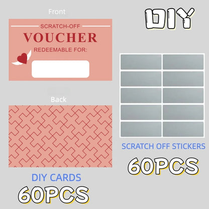 60 piece scratch card set, DIY gift voucher scratch revealing design, wedding, birthday party, game festival, lottery